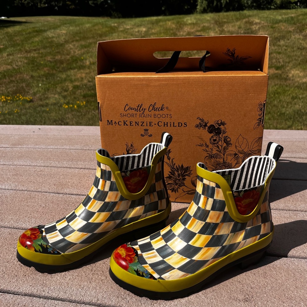 MacKenzie-Childs Courtly Check Chelsea Short Rain Boots Size US 8/ EUR 39